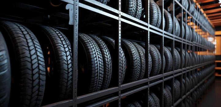 Ai generated large tire rack for store with many large tires stacked vertically like bricks free photo